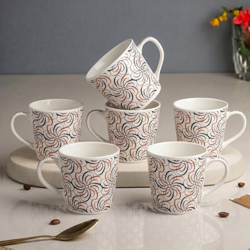 Image of UPC Coffee Mug Set of 6 | White Abstract Line Art Floral Print | Brown & Black Swirl Flower Pattern |Bone China Tea & Coffee Cups | Microwave Safe | Home & Kitchen