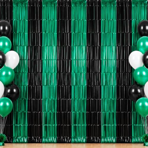 Image of TONIFUL Black and Green Fringe Backdrop Curtain 2026 Graduation Parties 2Pcs 3.3x6.6 ft Metallic Tinsel Foil Fringe Photo Booth Backdrop Door Streamers for Birthday Soccer Themed Party Decorations