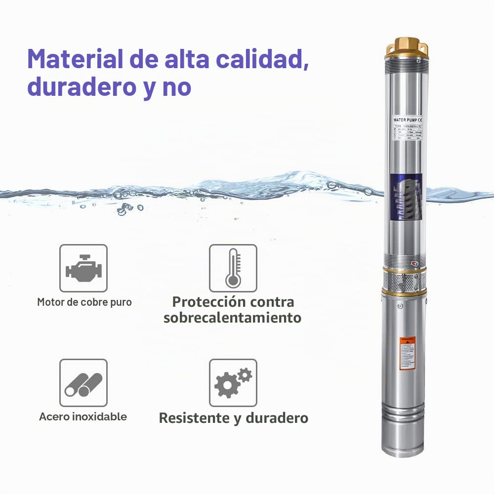 Bomba de Pozo Profundo 1100W 1.5HP, Bomba de Agua Sumergible de Acero Inoxidable, Sumergible 4000L/h Caudal, 8,1 bar, altura máxima de extracción 81m, con cable de 20m