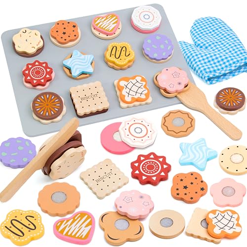 Masonbaby Jouet en bois alimentaire - Cuisine pour enfants - Accessoires de cuisine en bois - Cookies Bakery - Avec accessoires de cuisine de jeu - Jouet éducatif - Jeu de rôle - Cadeau pour enfants