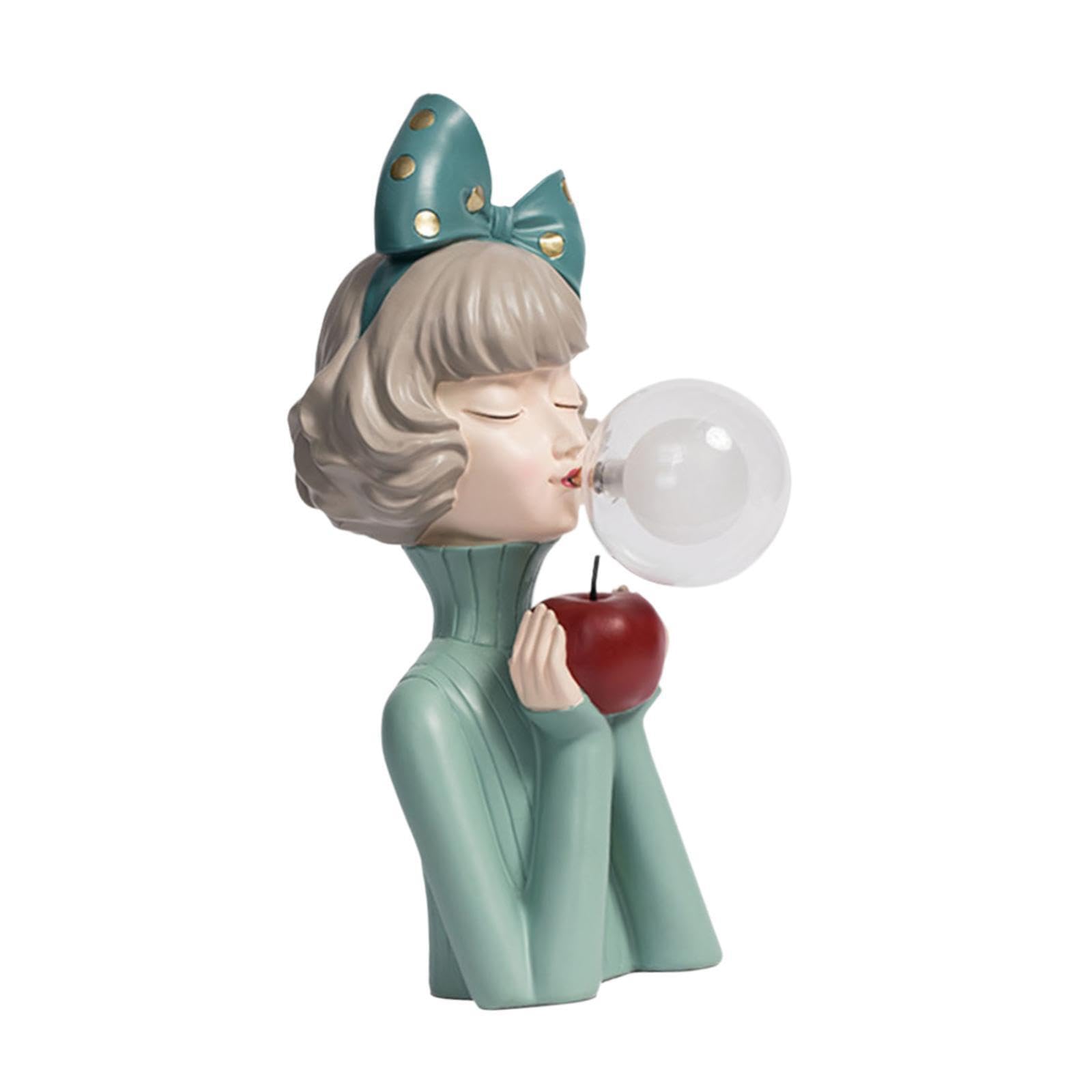 Elegante Lampada da Tavolo in Resina, Luce Notturna Creativa, graziosa Statuetta di Ragazza, Regalo di inaugurazione, Illuminazione per Compleanno, Fiocco Verde, 14x24x36.5 cm