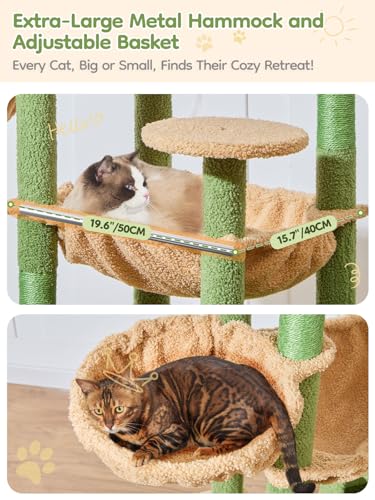 Image of Taoqimiao 76-Inch Cat Tree XXL for Large Cats, Giant Cat Tower with Scratching Board, Extra-Large Metal Hammock, 3 Perches, 7 Sisal Posts, 2 Big Condos, Hanging Basket, Cactus, MS047T