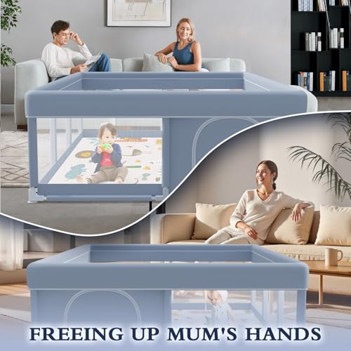 Image of XVISHX 74 x 50 Inch Baby Playpen with Mat, Playpen for Babies and Toddlers, Baby Playard for Indoor & Outdoor Active Center Game Fence, with Skin-Friendly Fabric and Soft Breathable Mesh, Grey