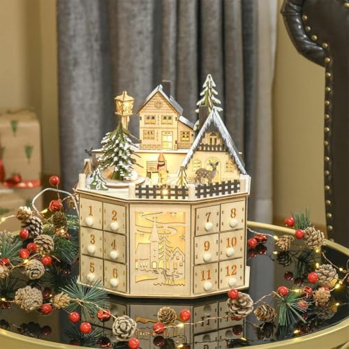 Calendario dell'avvento natalizio in legno, calendario dell'Avvento in legno, con luci a LED, 24 cassetti, tavolo illuminato, decorazione natalizia per le vacanze, per bambini e adulti