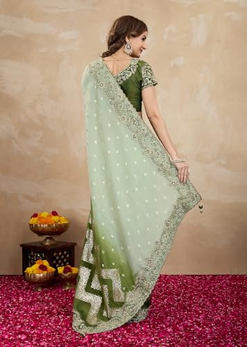 Image of TRENDMALLS Women's Jacquard Silk Embroidery Zarkan Work Saree with Unstitch Blouse Piece
