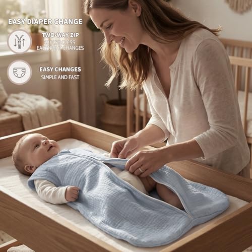 Image of BSTOPPT 2 Pack Baby Sleep Sack 6-12 Months 100% Organic Cotton Muslin Baby Sleeping Bag 2-Way Zipper Wearable Blankets TOG 0.3 (White & Light Gray, Medium)