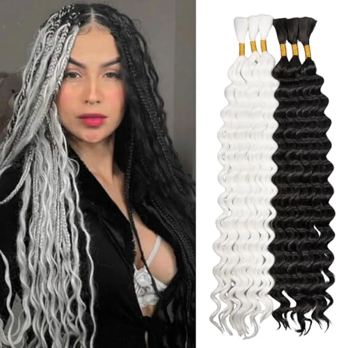 Boho Hair for Braiding, 6 Bundles 20 Inch Deep Wave Bulk for Boho Braids No Weft 200G Curly Bohemian Wet and Wavy Faux Braiding Hair Extensions (Black and white# 20 Inch)