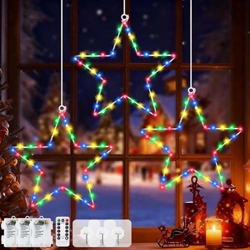 MKAKYES Estrella Navidad Exterior, 3 Piezas 45 LED Cortina Luces de Navidad, Estrella Luces de Navidad Pilas con 8 Modos y Remoto, para Ventana Interior Exterior Habitacion, 30 CM