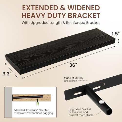 Image of Dreamland 36 Inches Floating Shelves for Wall, 9.3 inch Deep Long Floating Shelves Set of 2, Large Display & Storage Shelf, Wall Shelf for Bathroom Bedroom Living Room Kitchen Office, Black