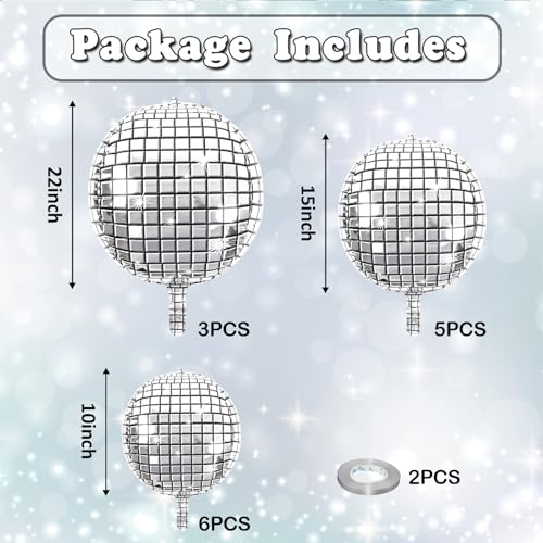 Image of 14 Pcs Disco Ball Balloons 22 /15 /10 4D Ball Balloons Metallic Silver Disco Mylar Balloon Chrome for Birthday Bachelorette 70s 80s 90s Themed Graduation Retro New Year Eve Prom Party Decor