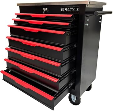 U.S. PRO-TOOLS Rolling Tool Cabinet, 7-Drawer Storage Chest, Black and Red with Stainless Steel Top