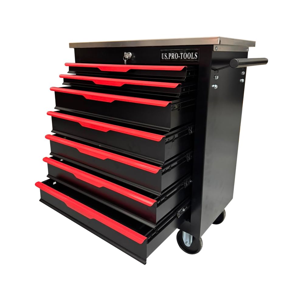 U.S. PRO-TOOLS Rolling Tool Cabinet, 7-Drawer Storage Chest, Black and Red with Stainless Steel Top