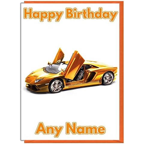 Gold Sports Car Themed Personalised Birthday Card - ADD A NAME AND AGE Cover