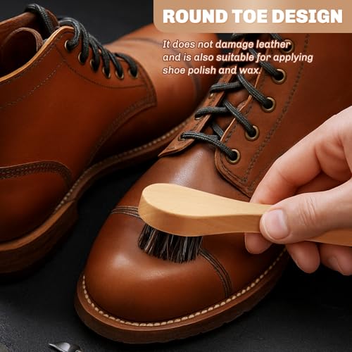 Image of 4 Pcs Horsehair Shine Shoes Brush Kit Polish Dauber Applicators Cleaning Leather Shoes Boots Care Brushes Suede Cleaner Brush with Microfiber Shoe Cloth(Wooden Handle A)