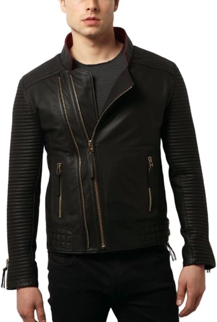 SKADOMen's Biker Black Lambskin Leather Zipper Jacket/Regular Black Jacket/Black Leather Jacket/Jacket for Winter Cover-Ups