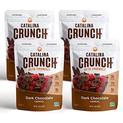 Catalina Crunch Dark Chocolate Keto Cereal 4 Pack (9oz Bags) | Low Carb, Sugar Free, Gluten Free, Grain Free | Keto Snacks, Vegan, Plant Based | Breakfast Protein Cereals | Keto Friendly Food
