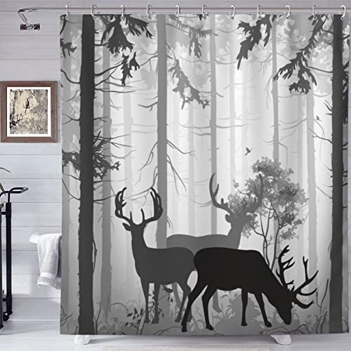 Deer Shower Curtain Silhouette Of Forest Shower Curtain Set For Bathroom With Plastic Hooks 72'' X 72'' #TOP13