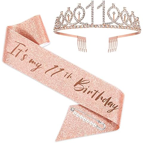 SZHUIHER 11th Birthday Sash and Tiara for Girls, Rose Gold Its my 11th Birthday Sash and Crown, 11th Birthday Gifts for Happy 11th Birthday Party Favor Supplies Cover