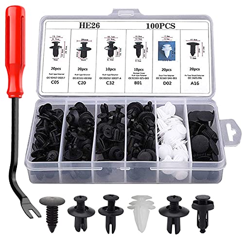 LCOUACEO 100 Pièces Rivet Clips Plastique Clips d'Aile en Plastique Universels Clips Voiture Attaches de Pare Chocs Clips à Rivets Kit de Remplacement Vis d'Expansion avec Attache Remover Outils