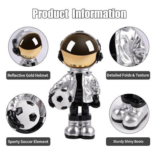 Estatua decorativa astronauta con balón de fútbol plateada miniatura 4