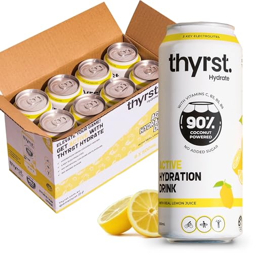 Thyrst Active Hydration Drink Lemon Lime 500mL x 8 | 90% Coconut Water + 9.7% Lemon Lime Juice | 5 Key Electrolytes + Sea Salt | Vitamins C, B3, B5, B6 | Sports Drink No Added Sugar Electrolyte Drinks