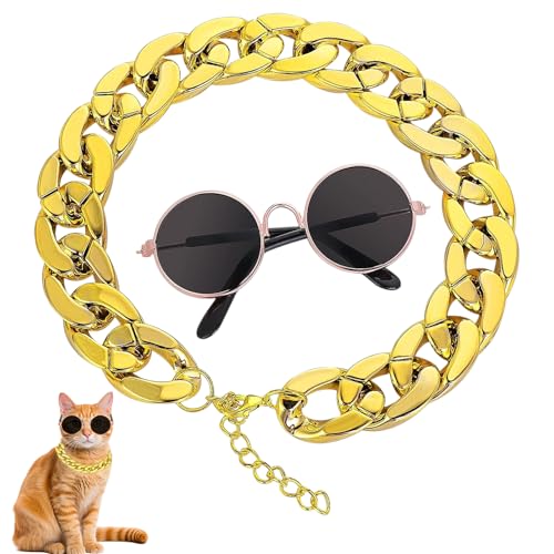 Anseom Cat Sonnenbrille Goldkette Kostümdekorationen UV-Schutz Brille für Katzen Klassische Sonnenbrille Verstellbare Kette Cosplay Kostüm Coole Foto Requisiten (1 schwarzes Glas + 1 Goldkette)