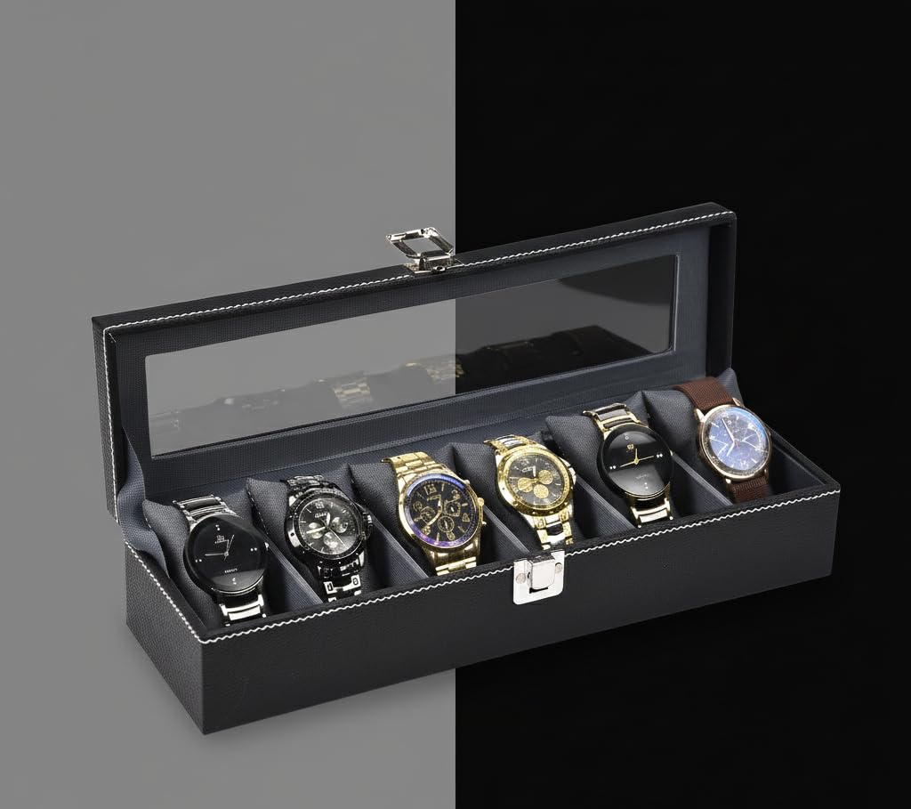 STORESHINE Men's and Women's Leatherette Watch organizer holder Case for 6 Watches, Removable Watch Pillows, Watch Box Holder, Gift for Loved Ones (Grey::Black)