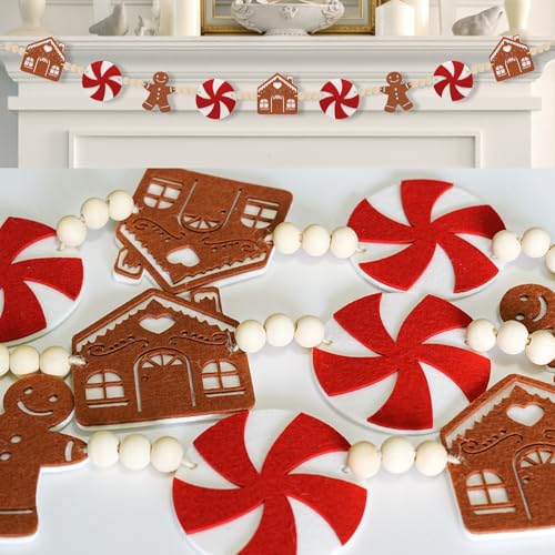 KnomeKo 6Ft Christmas Garland - Felt Jinglebread Man & House with Wood Beads - Perfect for Indoor...