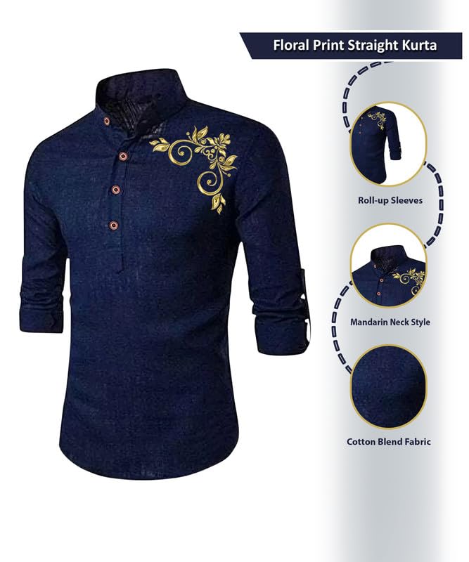 Image of DEELMO Men's Full Sleeve Short Kurta Shirt with a Trendy Mandarin Collar Crafted from a Premium Cotton Blend for Comfort Ideal for Casual and Semi-Formal Occasions