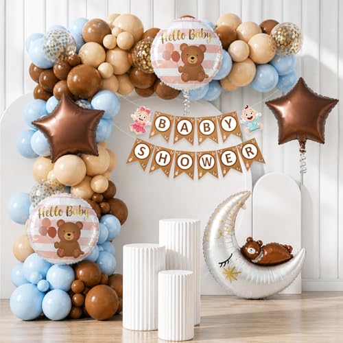 Image of Rozi Decoration Baby Shower Decoration Kit for Boy Girl, 58 Pcs Balloon Set with Teddy Bear Moon Foil Balloons, Baby Shower Banner for Welcome Prince Party Decoration