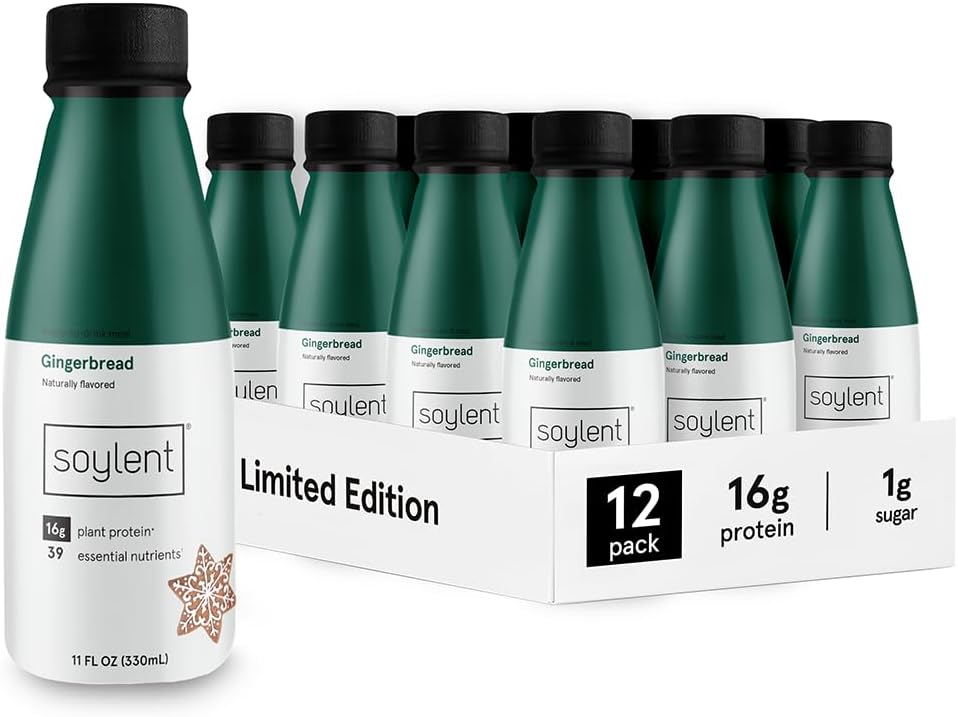 Soylent Complete Meal Replacement Shake, Gingerbread, 16g Complete Protein, Ready-to-Drink Plant Based Protein Drink, 1g Sugar, 11oz (12 Pack)