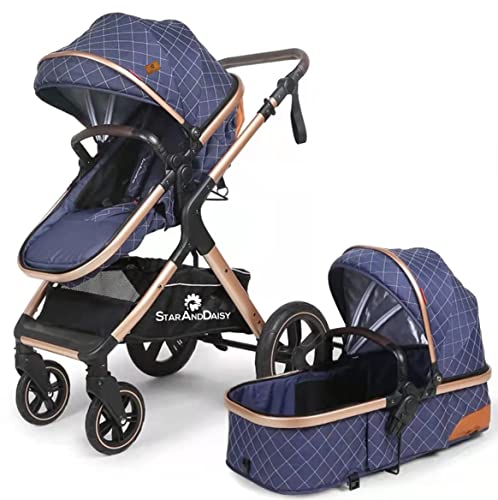 Image of StarAndDaisy EasyGo Travel Friendly Luxury Baby Stroller /pram /Buggy with high Landscape seat, one-Push Folding Convertible Bassinet Design (Blue Triple Layer Cotton Fabric with Gold Tubes)