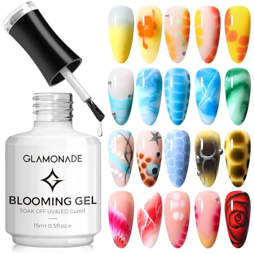 Glamonade Clear Blooming Gel Nail Polish: Blossom Gel Polish for Spreading Effect Nail Painting Marble Natural Stone Watercolor Nail Decoration Art Design DIY Salon 15ml