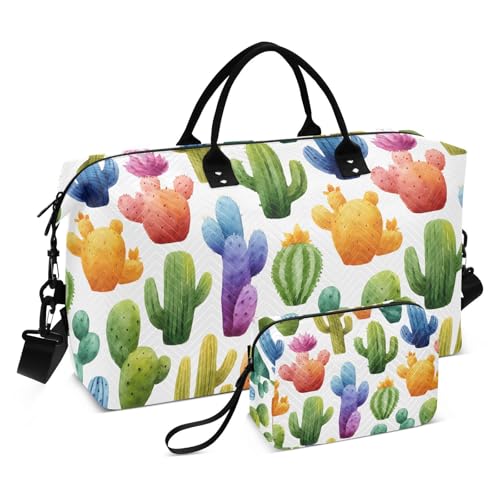 Duffel Bag Set for Travel Gym Sport, Weekender Carry on Overnight Bags for Women Men-Colored Cactus Print