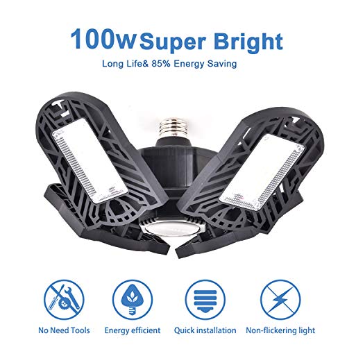 LED Garage Light 100W Deformable Lamp E26/27 Garage Ceiling Lighting 10000 Lux Waterproof Industrial Warehouse Mining Lamp Commercial Light, Shop Light, Barn Light, Bay Light, Warehouse Ceiling Light
