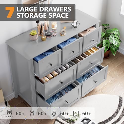 GarveeHome Grey 7 Chest of Drawer Dresser, Modern Storage Cabinet, Wood Organizer TV Stand for 48 inch TV, Bedroom, Living Room, Entryway