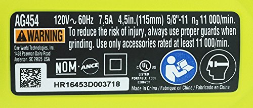 Ryobi Ag454 7.5 Amp 120V Ac 11,000 Rpm Corded Angle Grinder W/ Rear Rotating Handle (Certified Refurbished) #TOP7