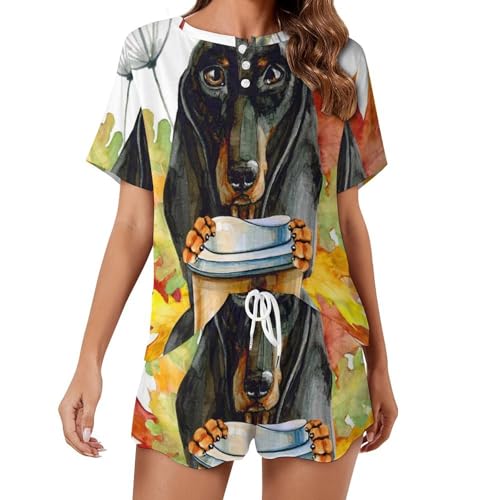 Pyjama femme été à motif chien et feuille d'érable parfait pour vos soirées cocooning