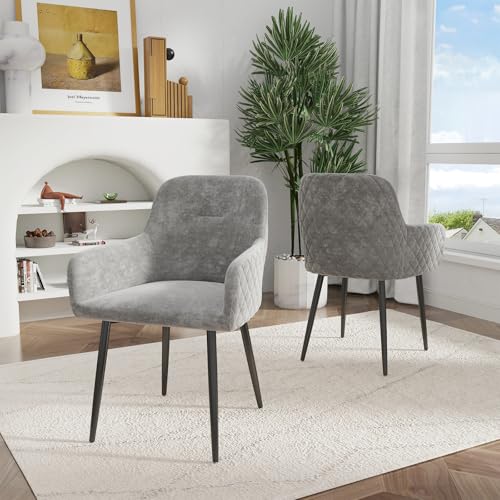 Chleby Juego de 2 Sillas Comedor de Terciopelo Elegante Sillón con patrón de Diamante y Respaldo Silla de Cocina, Gran Silla de salón, Silla con reposabrazos y Patas de Metal, Gris Claro