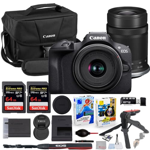Image of Canon EOS R100 Mirrorless Camera with 18-45mm & 55-210mm Lens Bundle with Canon 200ES EOS Shoulder Bag + 2X 64GB Extreme Memory Cards + Accessory Kit