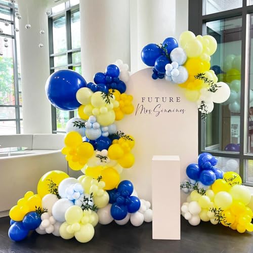 Image of BAUANOOY Blue and Yellow Balloons, 60pcs 12 Inch Royal Blue Yellow White Balloon with Confetti Balloons for Wedding Graduation Baby Shower Birthday Party Decorations