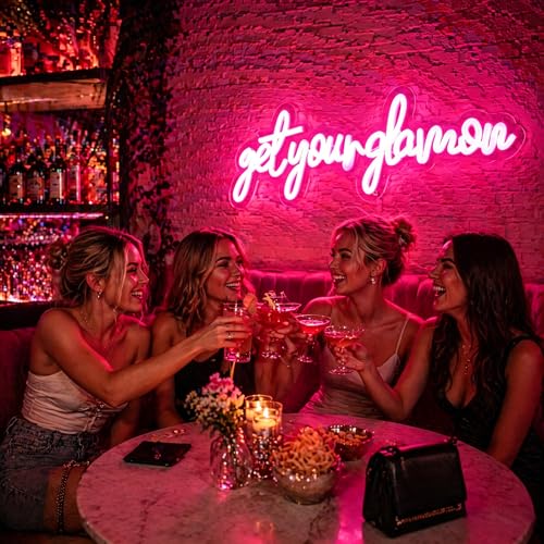 Image of Get Your Glam On Neon Sign, Neon Signs for Wall Decor Neon Pink LED Signs Room Neon Light Up Signs Home Decor for Bedroom Club Party Bar Shop USB Operated