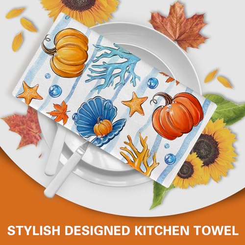 Croar CRO-164-KT Fall Pumpkin Kitchen Dish Towels Set Of 2, Autumn By The Sea Lantern Coastal Drying Hand Towels Baking Cooking Cloth, Beach Nautical Shell Coral Starfish Home Kitchen Decoration 18 X 26 Inch thumb #5
