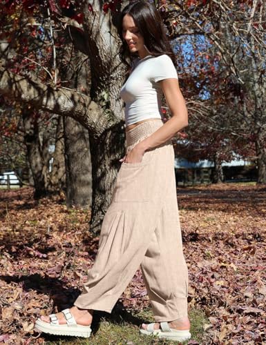 Image of TARSE Women's Linen Wide Leg Pants Baggy High Waist Palazzo Pants | Barrel Leg Fit, Harem Patch Pockets, Loose Casual Style, Breathable Fabric, Vacation Ready