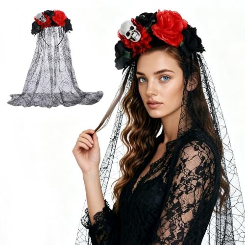 mzoLife Disfarce de Halloween para mulher, slide dos mortos, diadema de véu, tatuagens de rosto, diadema mexicana, rosas, caveira, toucado para mulher, acessórios de fantasia (preto e vermelho)