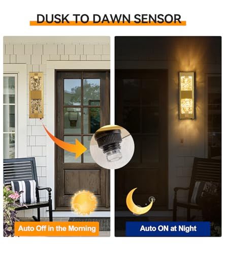 Image of 15.3 inch Dusk to Dawn Outdoor Wall Light 12W LED Gold 1-Pack | IP65 Waterproof, Ripple Crystal, Hardwired Modern Exterior Sconce, Auto On /Off, for Porch Patio Hallway Entryway House