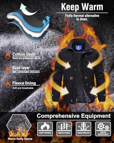 Image of Rapoo Men's Winter Jacket Cotton Work Military Jackets Fleece Lined Thick Warm Cargo Coats with Hooded
