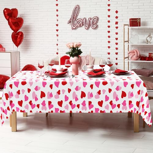 Image of 4 Pack Valentines Decorations, 108 inch X 54 inch Valentines Tablecloths, Heart-shaped Disposable Red Pink Tablecloths Love Plastic Table Cover, Galentines Decorations Party Supplies for Wedding Birthday