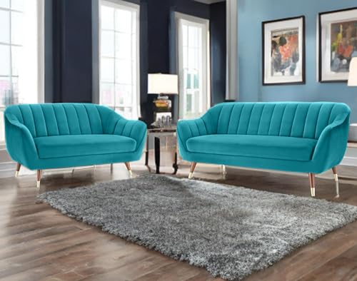 Image of AMATA Marino Solid Wood 3+2 Seater Sky Blue Suede Velvet Fabric Sofa Set with Two Cushions Perfect for Home Office Guests Living Room (04 Sky Blue, 3+2 Seater)(03 Year Warranty)