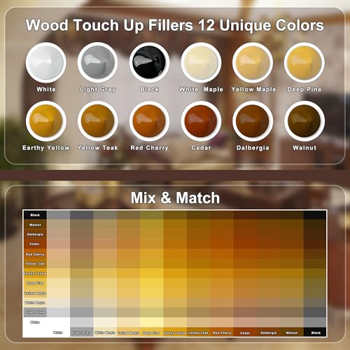 Hupeyna Wood Furniture Repair Kit, 12 Colours Wood Repair Kit, Wood Touch up Fillers, Repair Scratch, Cracks, Discoloration for Wooden Cabinet, Floor, Door, Table Surfaces Wood Filler Paint